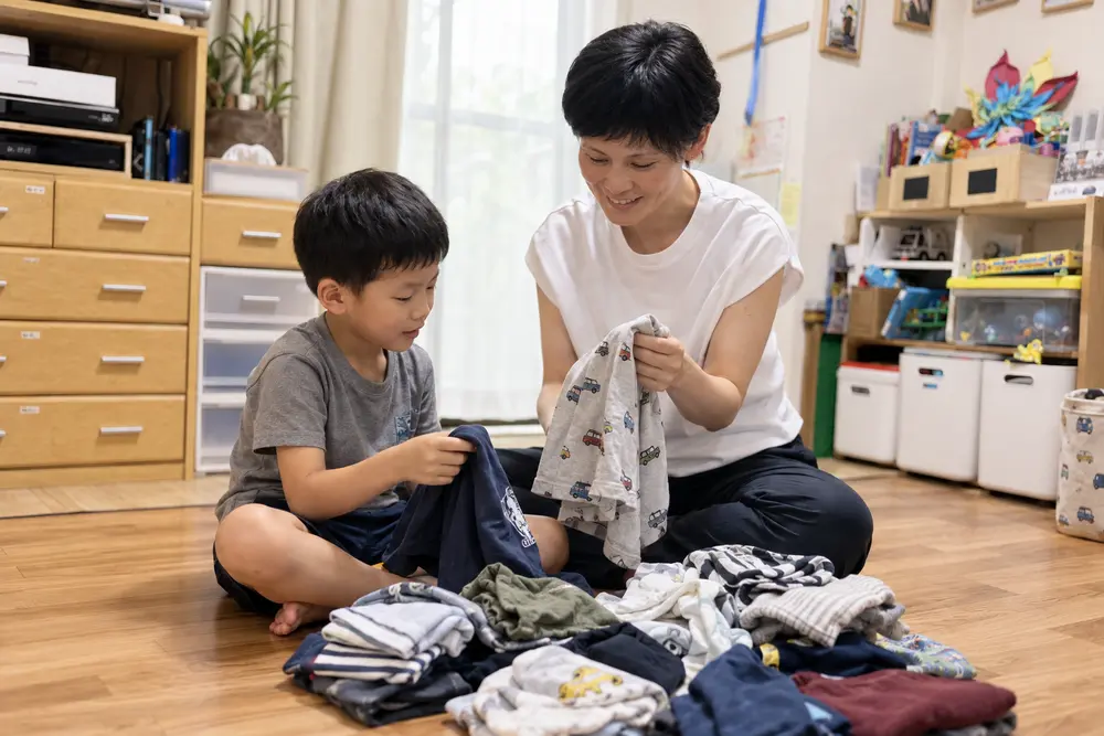 子どもと一緒に衣類を選ぶ矢川朱美