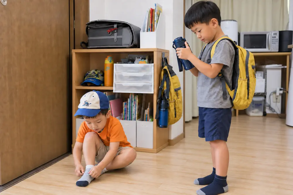 子どもが自分で持ち物を確認して出発準備をする毎日のイメージ写真