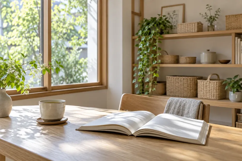 整った収納を背景に、お茶と本が置かれたテーブルのイメージ